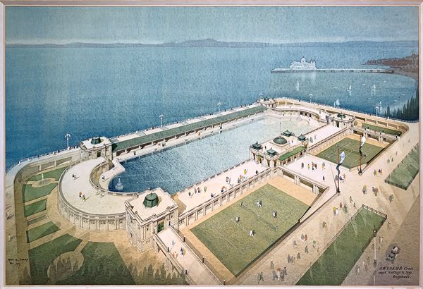 Super Swimming Stadium design drawing in watercolours.